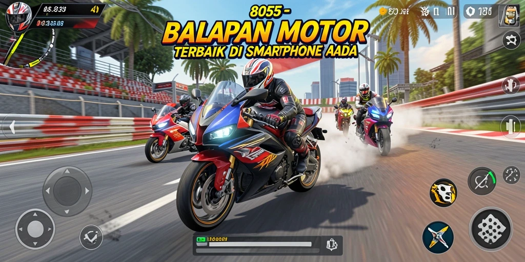 Screenshot gameplay 8055 menampilkan balapan motor yang seru dan intens.