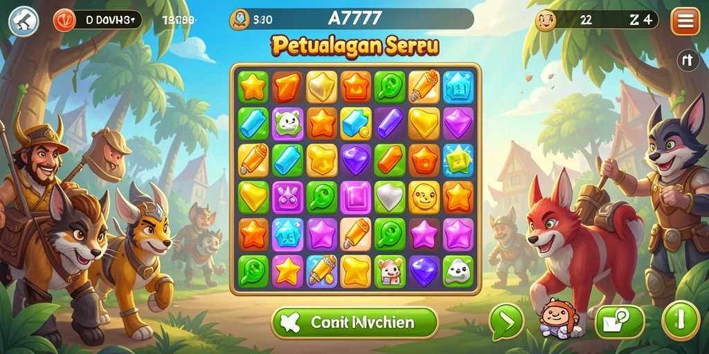 Tampilan gameplay A7777 yang penuh warna dalam aksi Match-3.