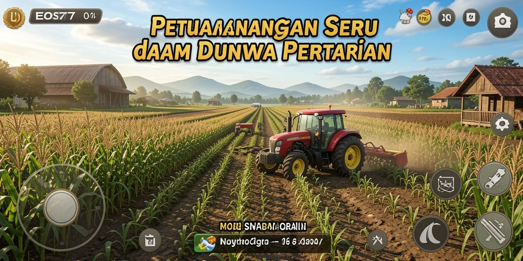 Tampilan gameplay EOS77 menampilkan kebun yang subur dan interaksi seru.
