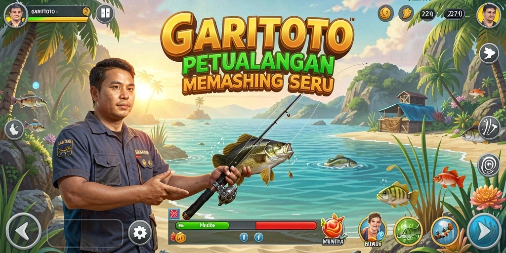 Tampilan gameplay GARITOTO dengan berbagai aktivitas memancing yang seru.