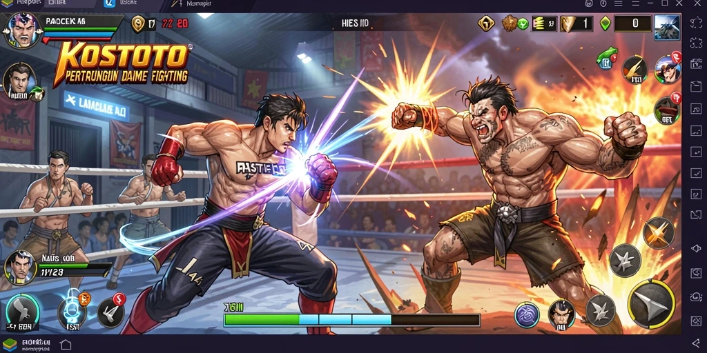 Screenshot utama KOSTOTO menampilkan pertarungan yang seru dan intens.