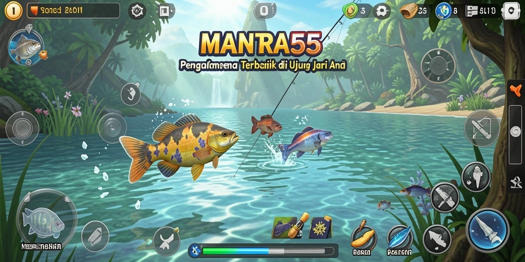 Screenshot gameplay MANTRA55 menunjukkan saat memancing ikan di lokasi yang indah.