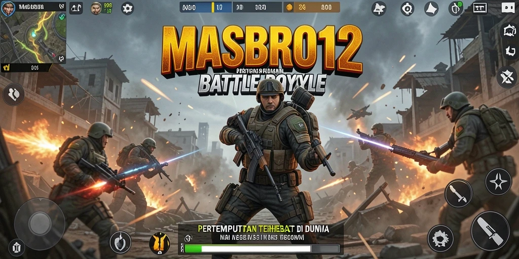 Screenshot gameplay MASBRO12 yang menunjukkan aksi pertempuran Battle Royale yang menegangkan.