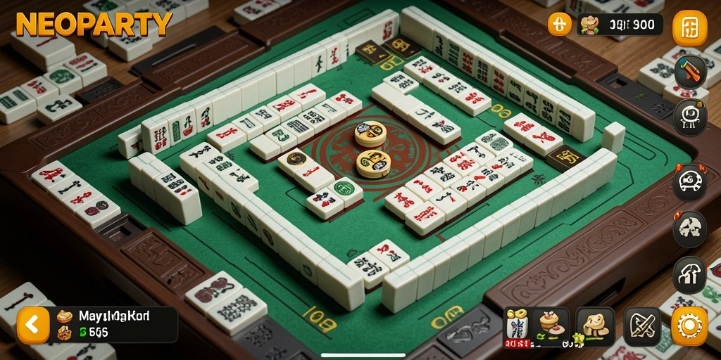 Tampilan menarik dari gameplay NEOPARTY yang menampilkan ubin Mahjong.