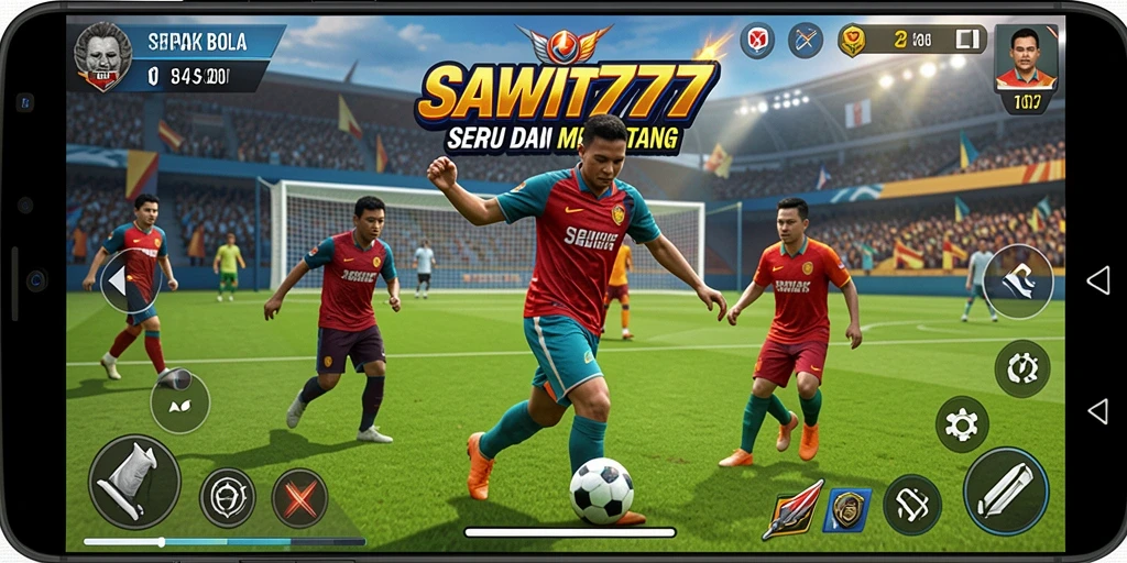 Screenshot utama SAWIT777 menampilkan aksi seru dalam pertandingan sepak bola.