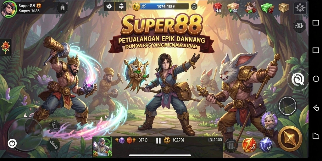 Screenshot gameplay SUPER88 menampilkan pertempuran epik dengan karakter dan lingkungan yang menakjubkan.