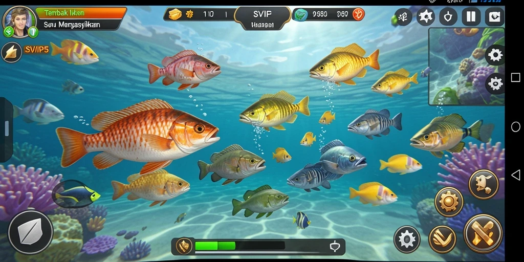Tampilan gameplay Tembak Ikan yang menarik dan penuh warna.