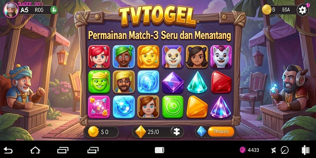 Tangkapan layar gameplay TVTOGEL dengan aksi Match-3 seru dan penuh warna.