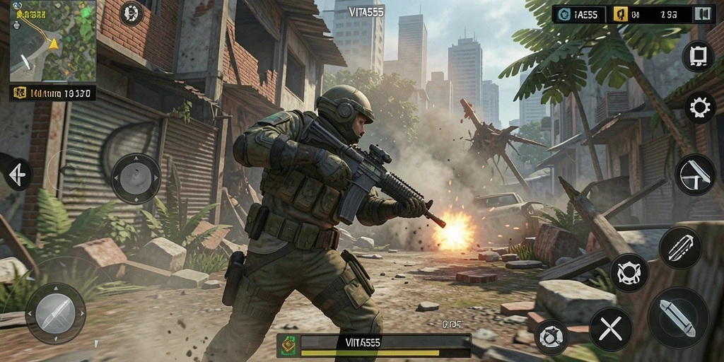 Tangkapan layar gameplay VITA555 dengan pertempuran mendebarkan di dunia TPS.