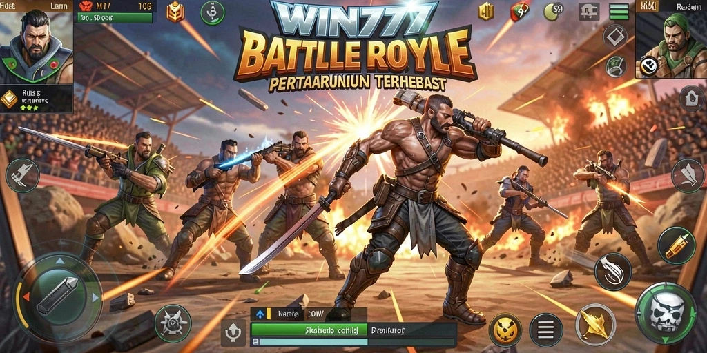 Tampilan penuh aksi dari gameplay <strong>WIN777</strong> dalam pertempuran Battle Royale.
